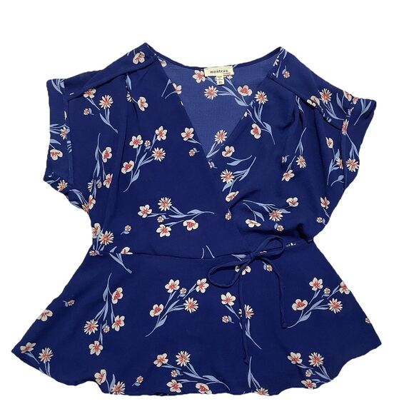 Monteau Royal Blue Spring FloralV Neck Tie Side Blouse Size XL - Picture 1 of 3